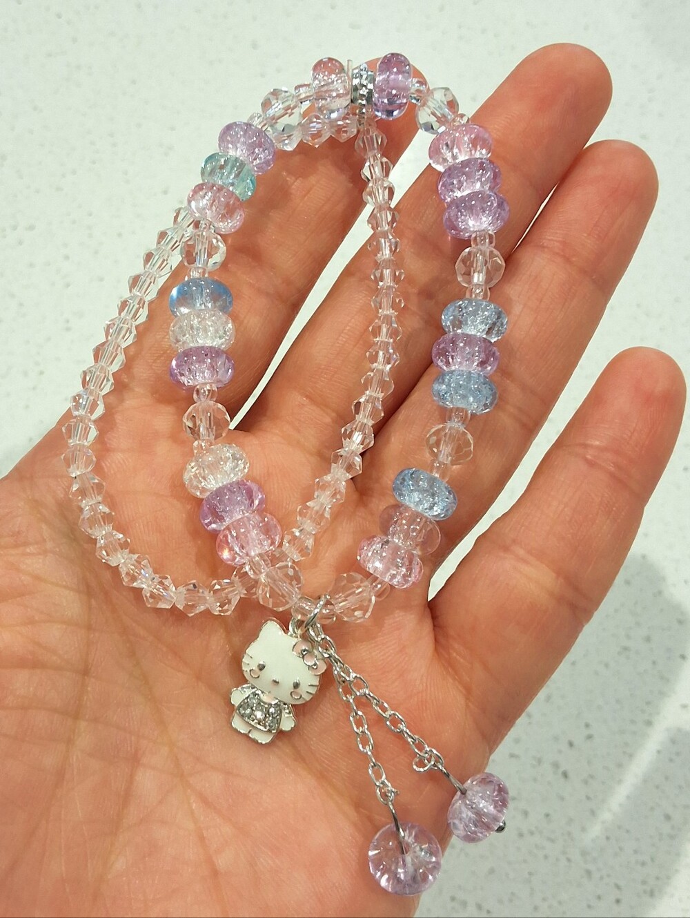 Hello Kitty Beautiful Pink Purple Blue Clear Beaded Charm Bracelet , NEW
